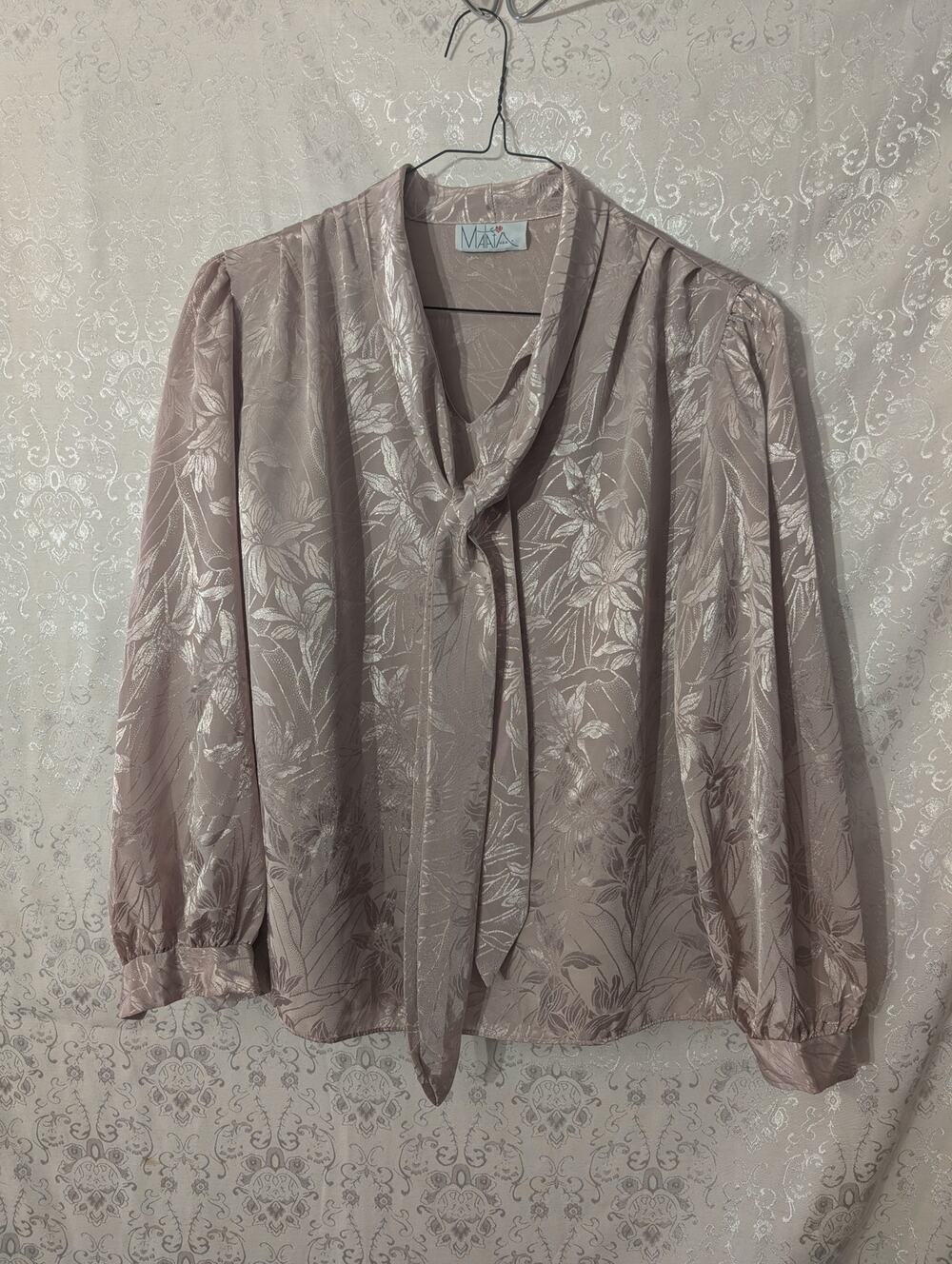 Vintage 80s MANTA USA Bow Blouse Satin Jacquard Floral Secretary